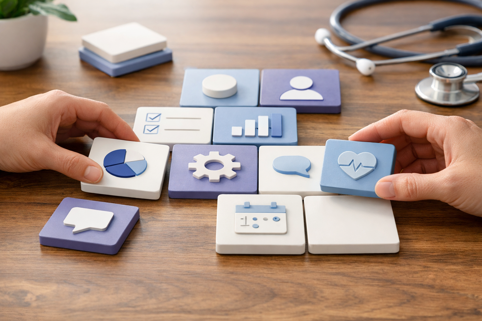 Hands arranging modular healthcare software icons representing configurable features