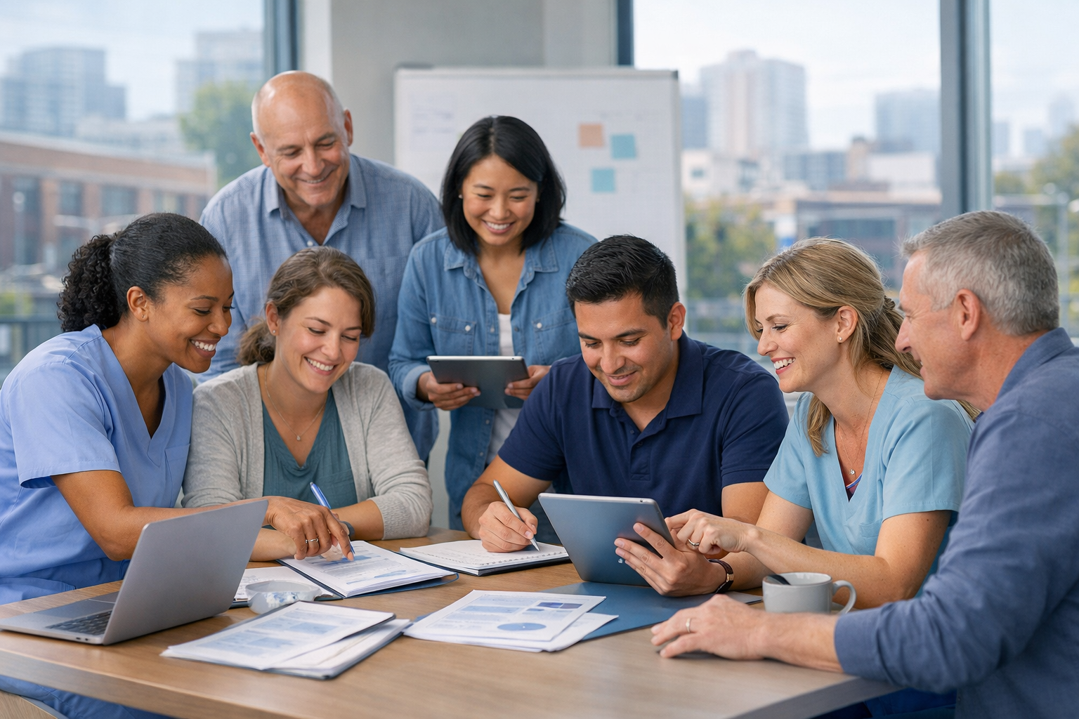 Healthcare team collaborating with laptops and tablets during a training session