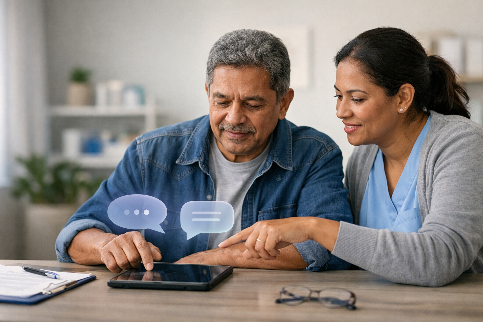 Nurse and patient using an AI chat agent on a tablet to navigate health information