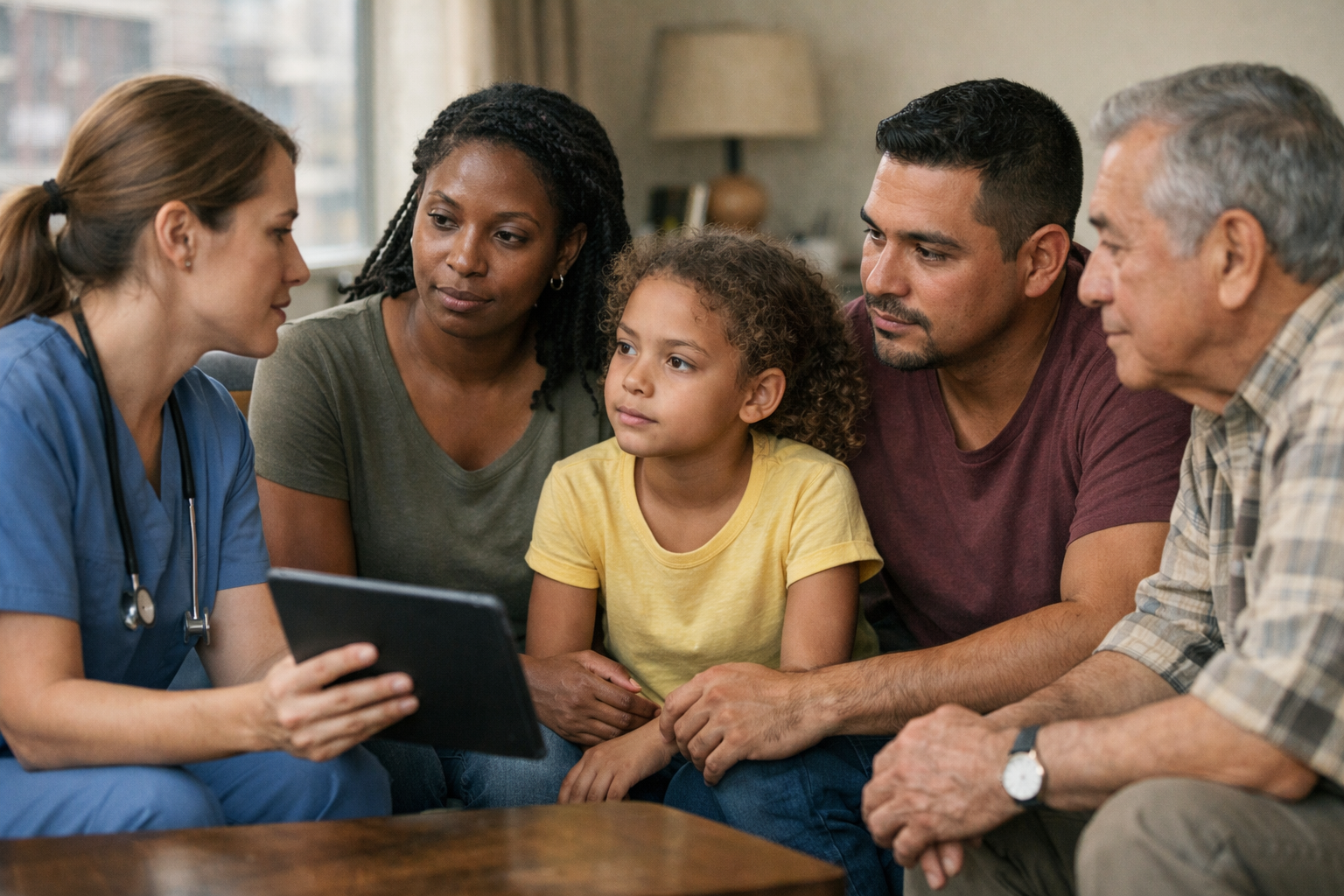 Nurse and family in an apartment discussing a care plan using a tablet.