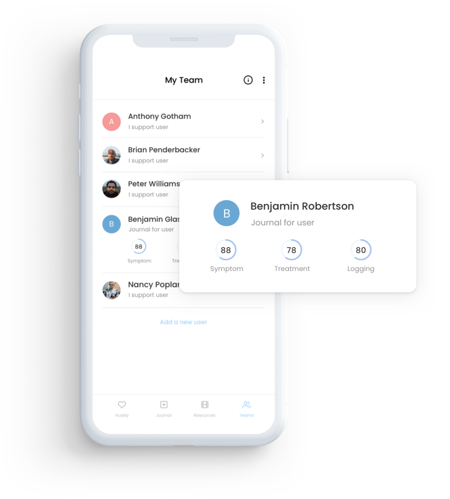 View of Huddy Health App on a mobile phone showing a user's other selected personal team members